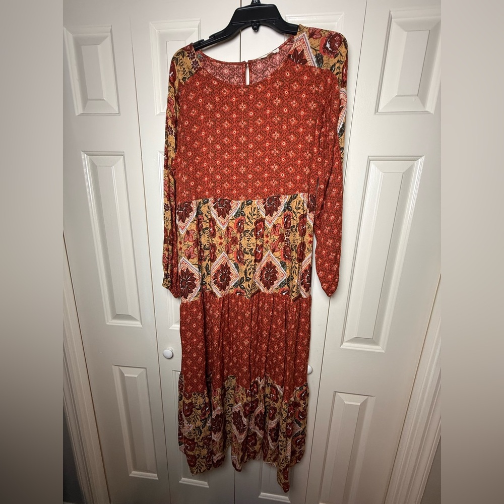 Easel Rustard Long Bubble Sleeve Boho Tier Mixed Print Maxi Dress